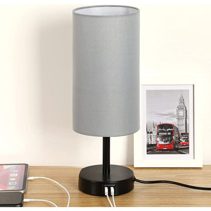 Lampa z połączeniem USB Lampa stołowa z dotykowym sterowaniem do sypialni Drewniana lampa nocna z 3-stopniowym ściemnianiem z okrągłym abażurem z lnu do salonu, akademika, biura domowego