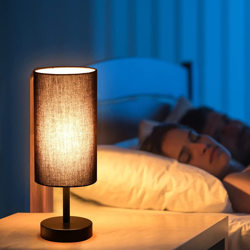 Lampa z połączeniem USB Lampa stołowa z dotykowym sterowaniem do sypialni Drewniana lampa nocna z 3-stopniowym ściemnianiem z okrągłym abażurem z lnu do salonu, akademika, biura domowego