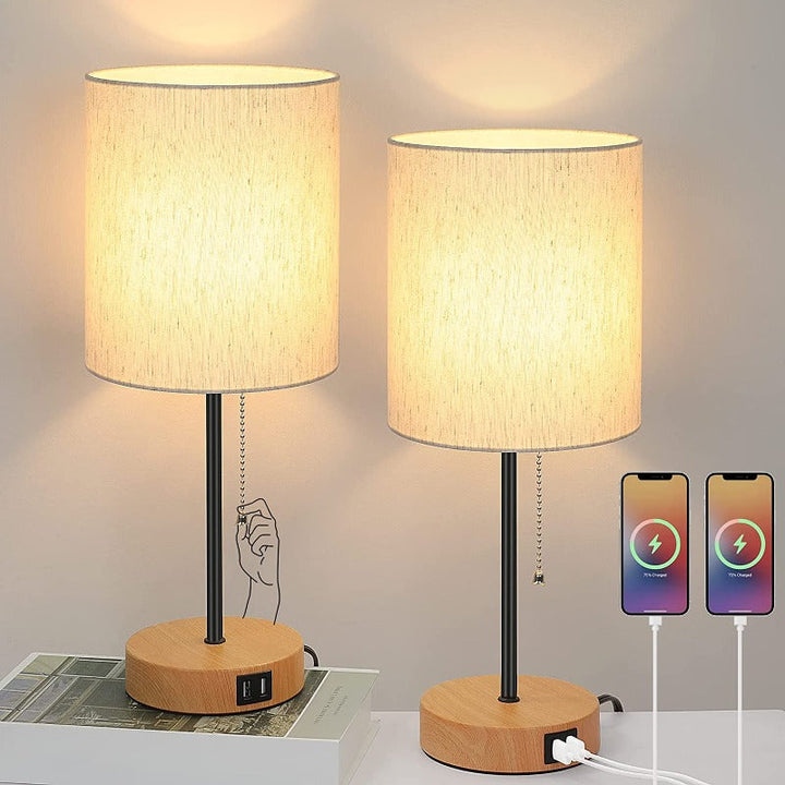 Zestaw lamp stołowych 2 szt. z portami ładowania USB, szare lampy nocne z gniazdkiem, lampy nocne z włącznikiem na sznurku, minimalistyczne nowoczesne lampy biurkowe z materiałowym kloszem do salonu, sypialni, biura
