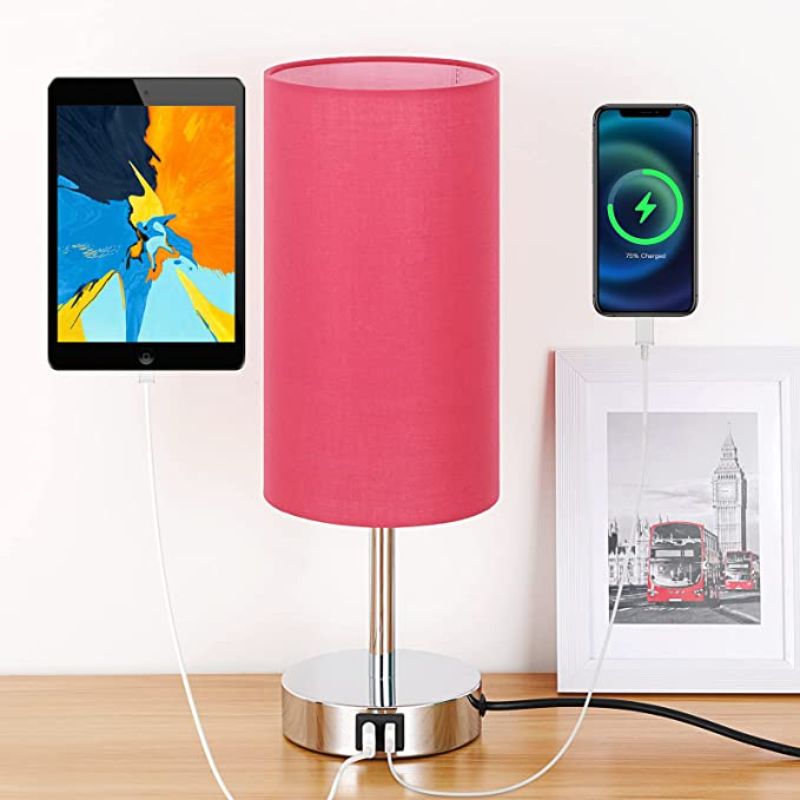 Lampa z połączeniem USB Lampa stołowa z dotykowym sterowaniem do sypialni Drewniana lampa nocna z 3-stopniowym ściemnianiem z okrągłym abażurem z lnu do salonu, akademika, biura domowego