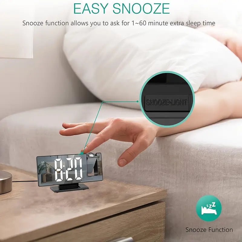 180° Regulowany Projektor LED Zegar Alarmowy – Funkcja Drzemki, Wyświetlacz Czasu i Temperatury 12/24H, Lustrzany Design – Zasilany przez USB, Tryb Nocny i Funkcja Pamięci