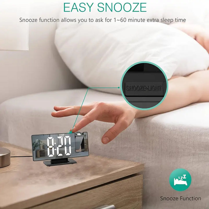 180° Regulowany Projektor LED Zegar Alarmowy – Funkcja Drzemki, Wyświetlacz Czasu i Temperatury 12/24H, Lustrzany Design – Zasilany przez USB, Tryb Nocny i Funkcja Pamięci