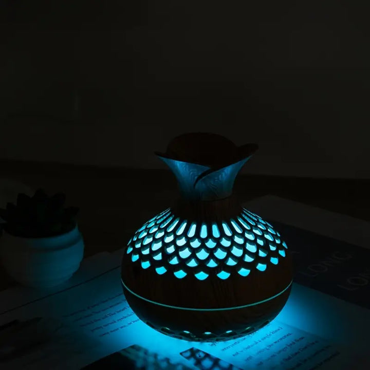 Aromatyczny nawilżacz powietrza z LED – Dyfuzor w drewnianym wyglądzie i nocna lampka