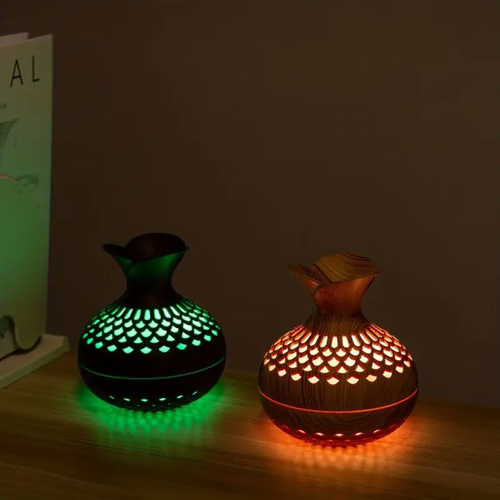 Aromatyczny nawilżacz powietrza z LED – Dyfuzor w drewnianym wyglądzie i nocna lampka