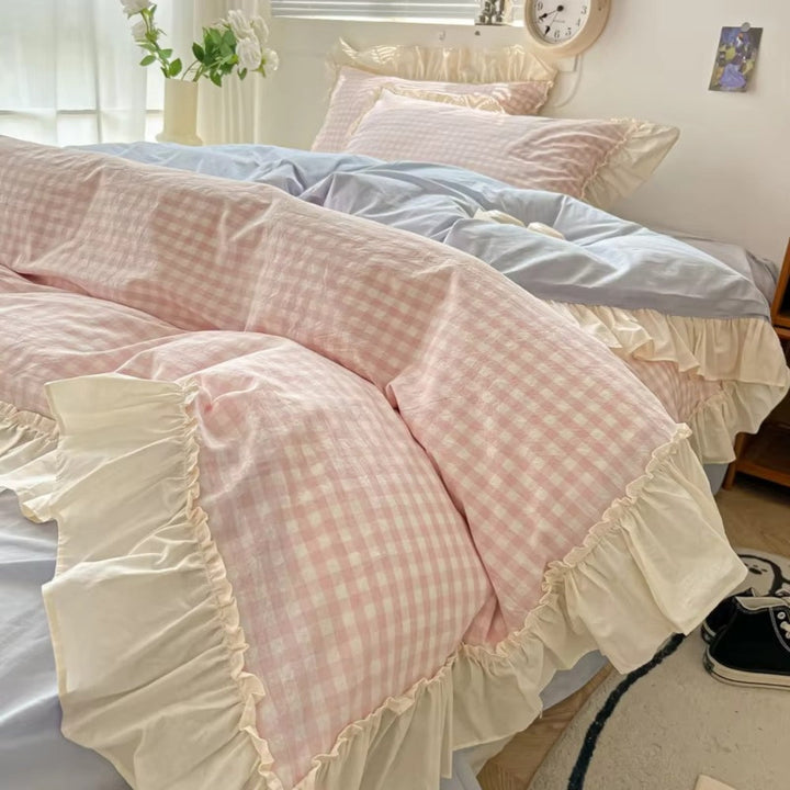 Zestaw pościeli w kratkę Gingham z falbanami