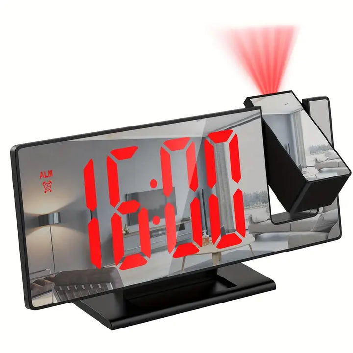 180° Regulowany Projektor LED Zegar Alarmowy – Funkcja Drzemki, Wyświetlacz Czasu i Temperatury 12/24H, Lustrzany Design – Zasilany przez USB, Tryb Nocny i Funkcja Pamięci