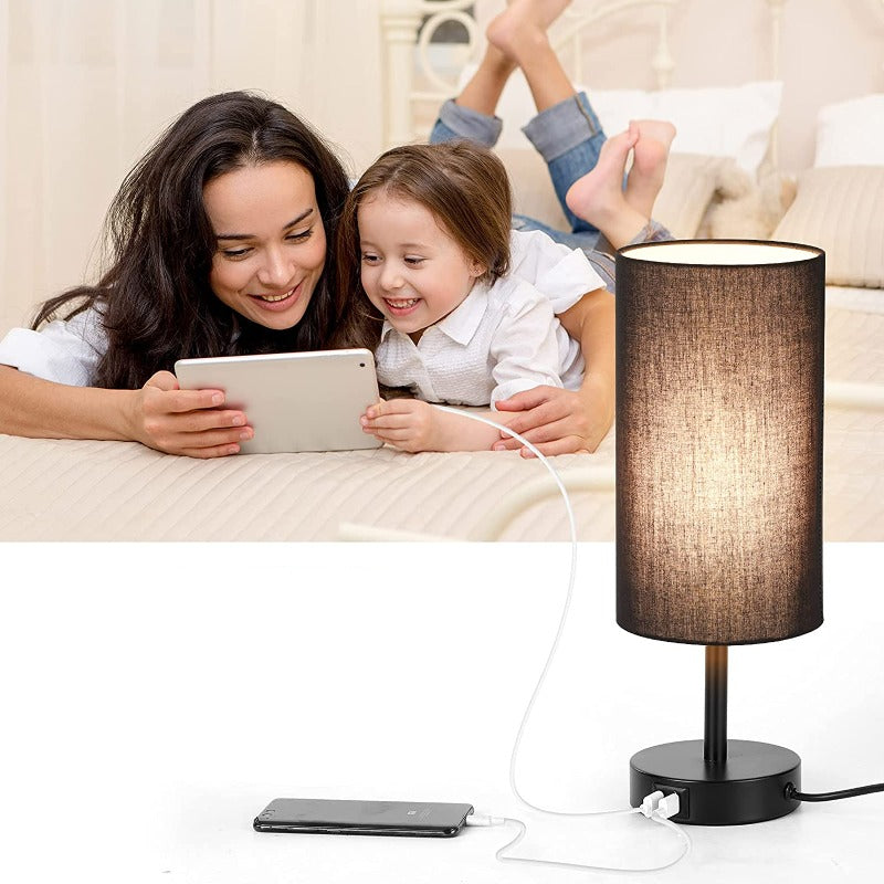 Lampa z połączeniem USB Lampa stołowa z dotykowym sterowaniem do sypialni Drewniana lampa nocna z 3-stopniowym ściemnianiem z okrągłym abażurem z lnu do salonu, akademika, biura domowego