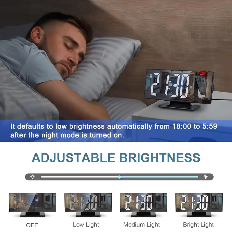 180° Regulowany Projektor LED Zegar Alarmowy – Funkcja Drzemki, Wyświetlacz Czasu i Temperatury 12/24H, Lustrzany Design – Zasilany przez USB, Tryb Nocny i Funkcja Pamięci