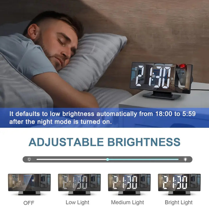 180° Regulowany Projektor LED Zegar Alarmowy – Funkcja Drzemki, Wyświetlacz Czasu i Temperatury 12/24H, Lustrzany Design – Zasilany przez USB, Tryb Nocny i Funkcja Pamięci
