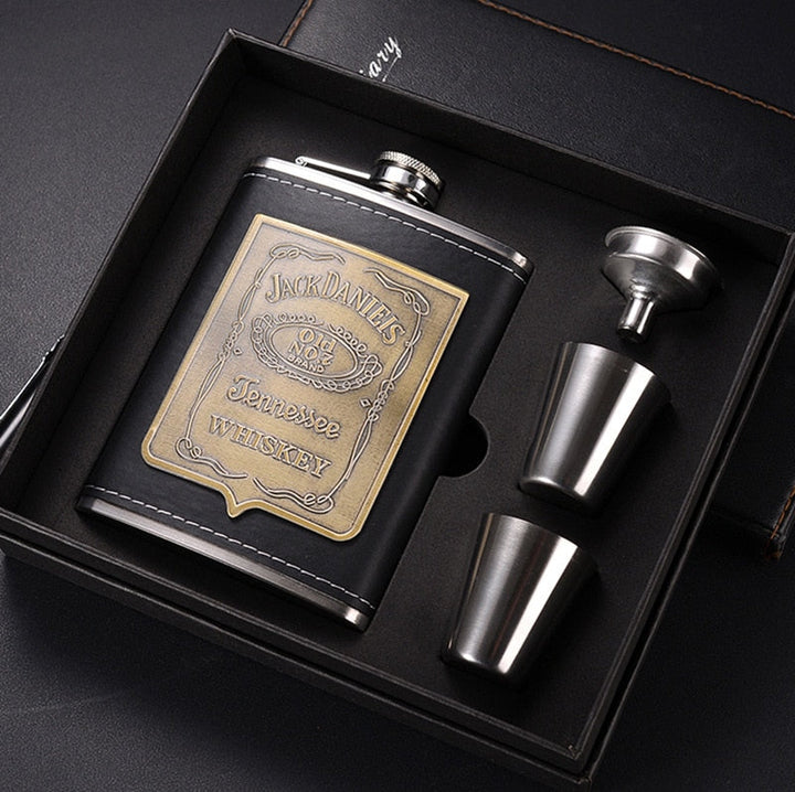 Butelka Whisky 8oz ze stali nierdzewnej z lejkiem do alkoholu, elegancka piersiówka, opakowanie z haftowanego złotego jedwabiu, zestaw prezentowy w pudełku