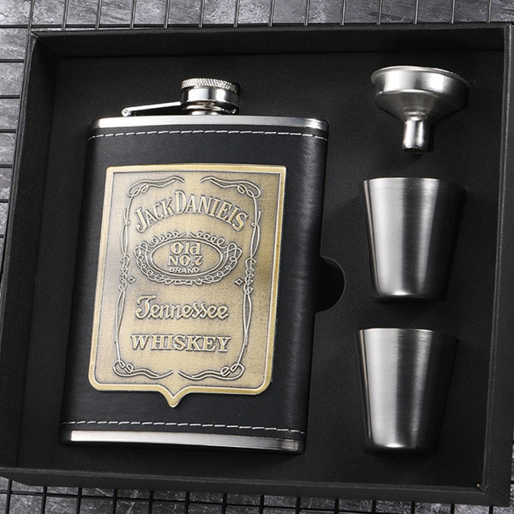 Butelka Whisky 8oz ze stali nierdzewnej z lejkiem do alkoholu, elegancka piersiówka, opakowanie z haftowanego złotego jedwabiu, zestaw prezentowy w pudełku