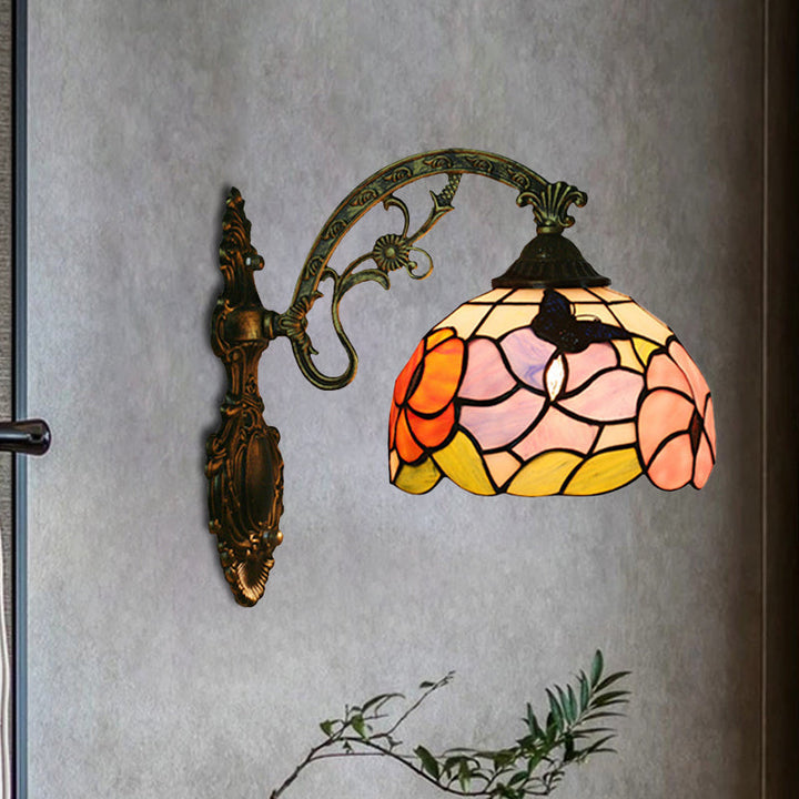 Jednolita lampa ścienna i podłogowa z motylem i piwonią Tiffany z brązowego szkła witrażowego