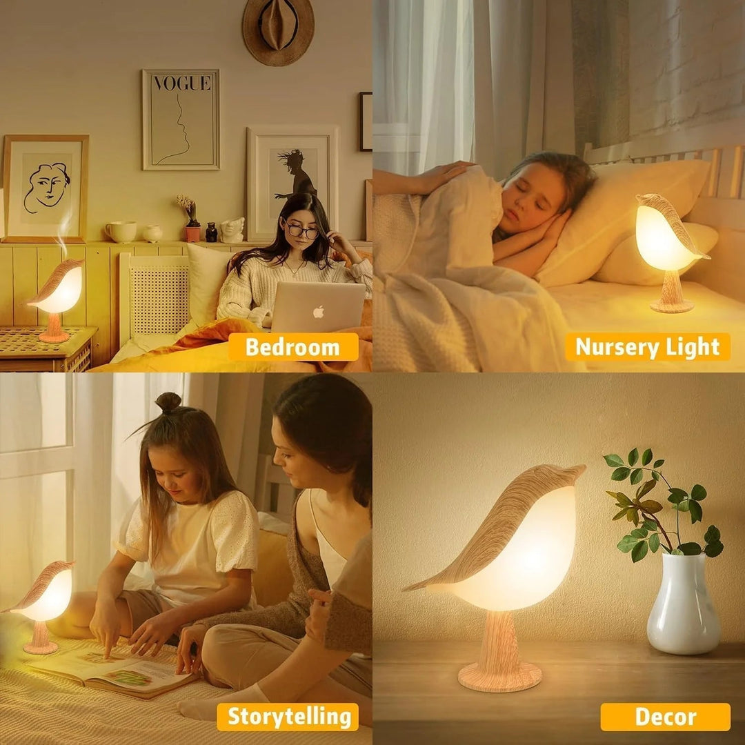 Lampka nocna z drewnianym ptakiem z kontrolą dotykową - Ładowalna lampka LED na stolik nocny