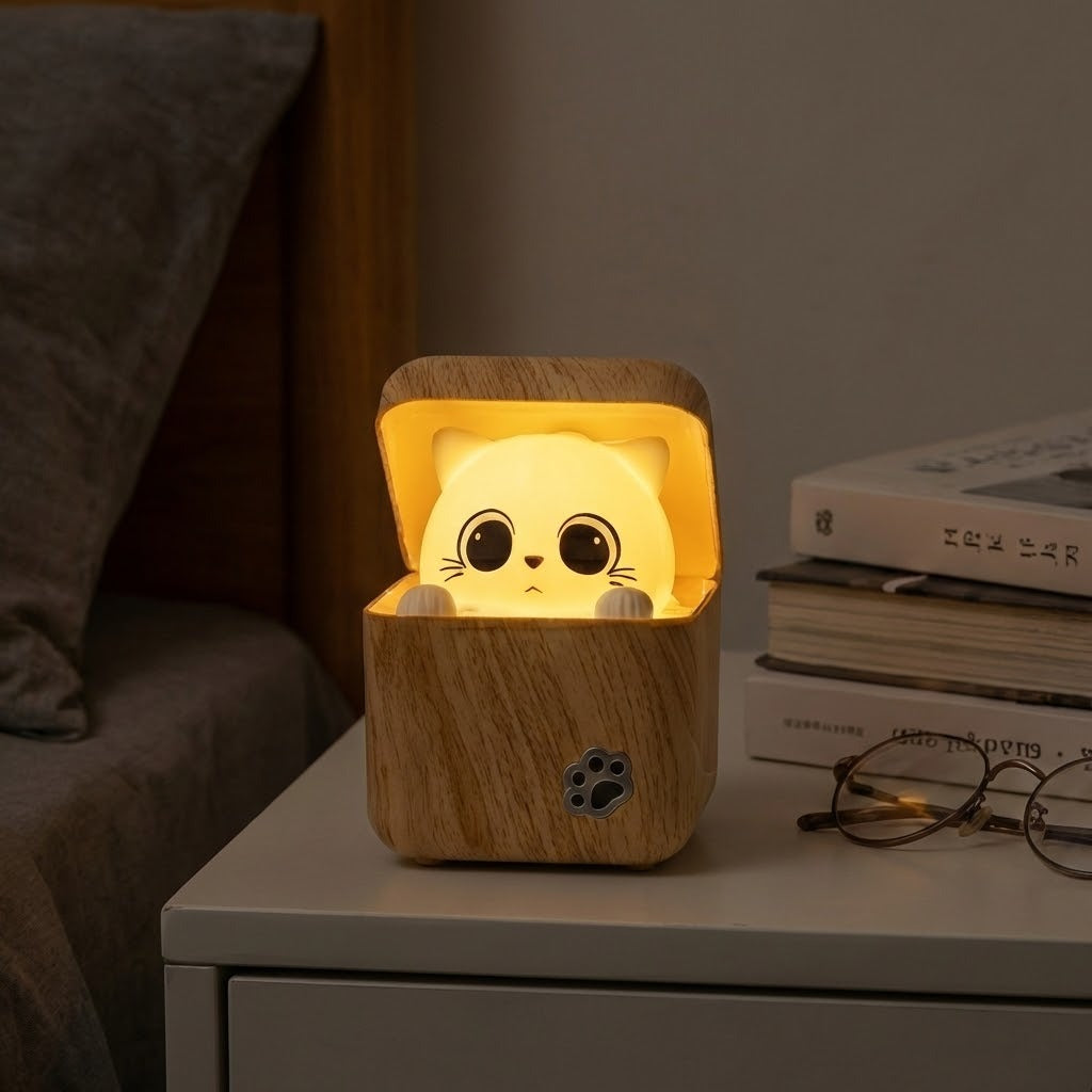 Urocza Lampka Nocna z Drewnianym Kotkiem Peekaboo |