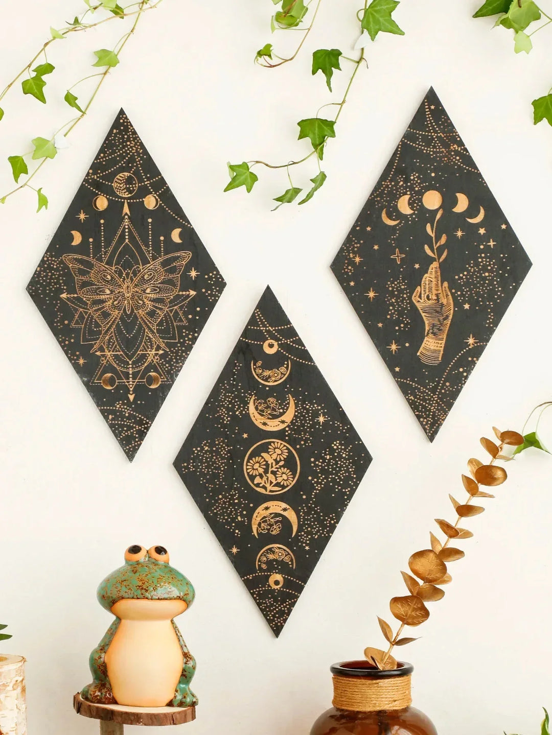 Czarne Fazy Księżyca Drewniana Dekoracja Ścienna Rombowa Sztuka Ścienna Boho Dekoracja Domowa Tkanina Czarownicy Dekoracja Wnętrz Estetyczny Prezent