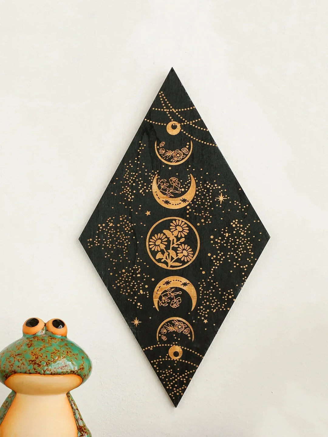 Czarne Fazy Księżyca Drewniana Dekoracja Ścienna Rombowa Sztuka Ścienna Boho Dekoracja Domowa Tkanina Czarownicy Dekoracja Wnętrz Estetyczny Prezent