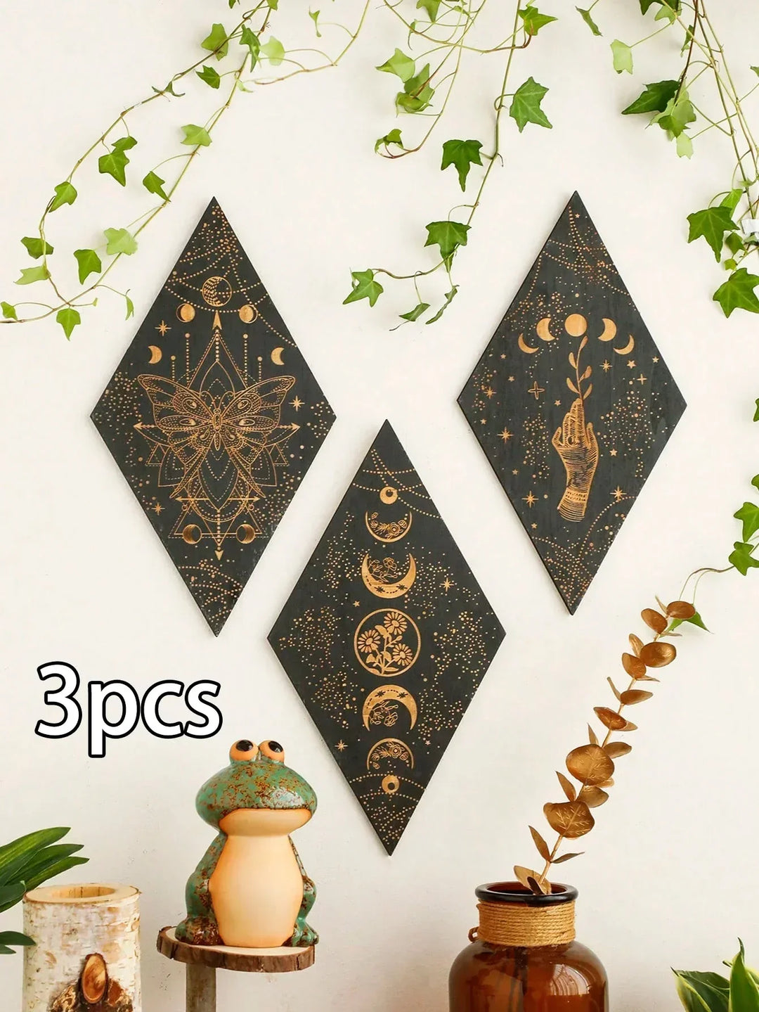 Czarne Fazy Księżyca Drewniana Dekoracja Ścienna Rombowa Sztuka Ścienna Boho Dekoracja Domowa Tkanina Czarownicy Dekoracja Wnętrz Estetyczny Prezent