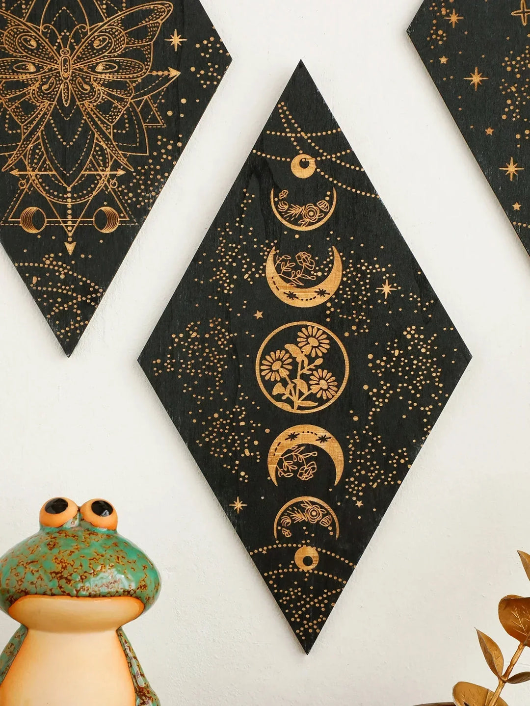 Czarne Fazy Księżyca Drewniana Dekoracja Ścienna Rombowa Sztuka Ścienna Boho Dekoracja Domowa Tkanina Czarownicy Dekoracja Wnętrz Estetyczny Prezent