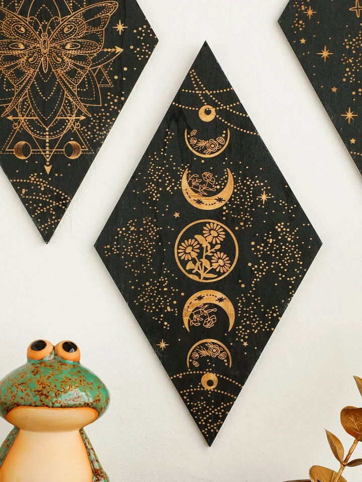 Czarne Fazy Księżyca Drewniana Dekoracja Ścienna Rombowa Sztuka Ścienna Boho Dekoracja Domowa Tkanina Czarownicy Dekoracja Wnętrz Estetyczny Prezent