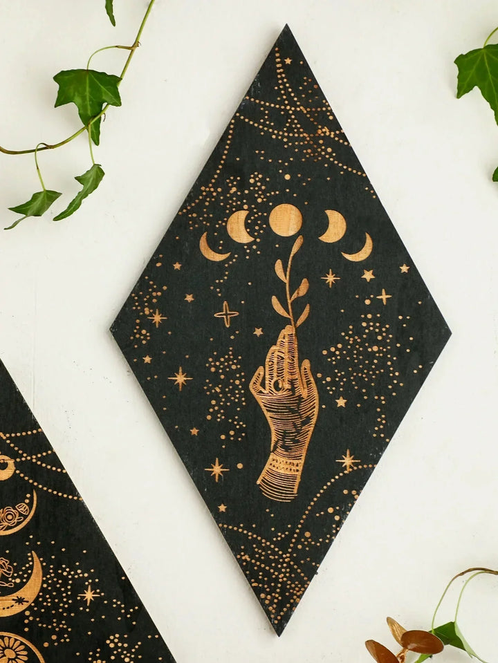 Czarne Fazy Księżyca Drewniana Dekoracja Ścienna Rombowa Sztuka Ścienna Boho Dekoracja Domowa Tkanina Czarownicy Dekoracja Wnętrz Estetyczny Prezent