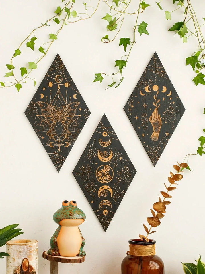 Czarne Fazy Księżyca Drewniana Dekoracja Ścienna Rombowa Sztuka Ścienna Boho Dekoracja Domowa Tkanina Czarownicy Dekoracja Wnętrz Estetyczny Prezent