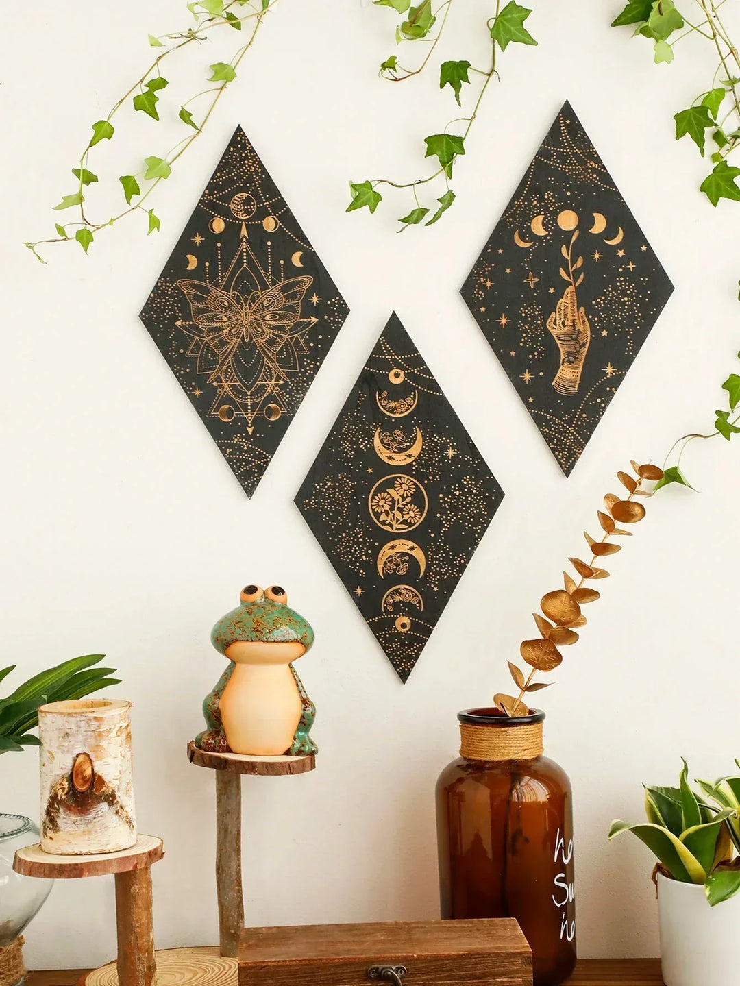 Czarne Fazy Księżyca Drewniana Dekoracja Ścienna Rombowa Sztuka Ścienna Boho Dekoracja Domowa Tkanina Czarownicy Dekoracja Wnętrz Estetyczny Prezent