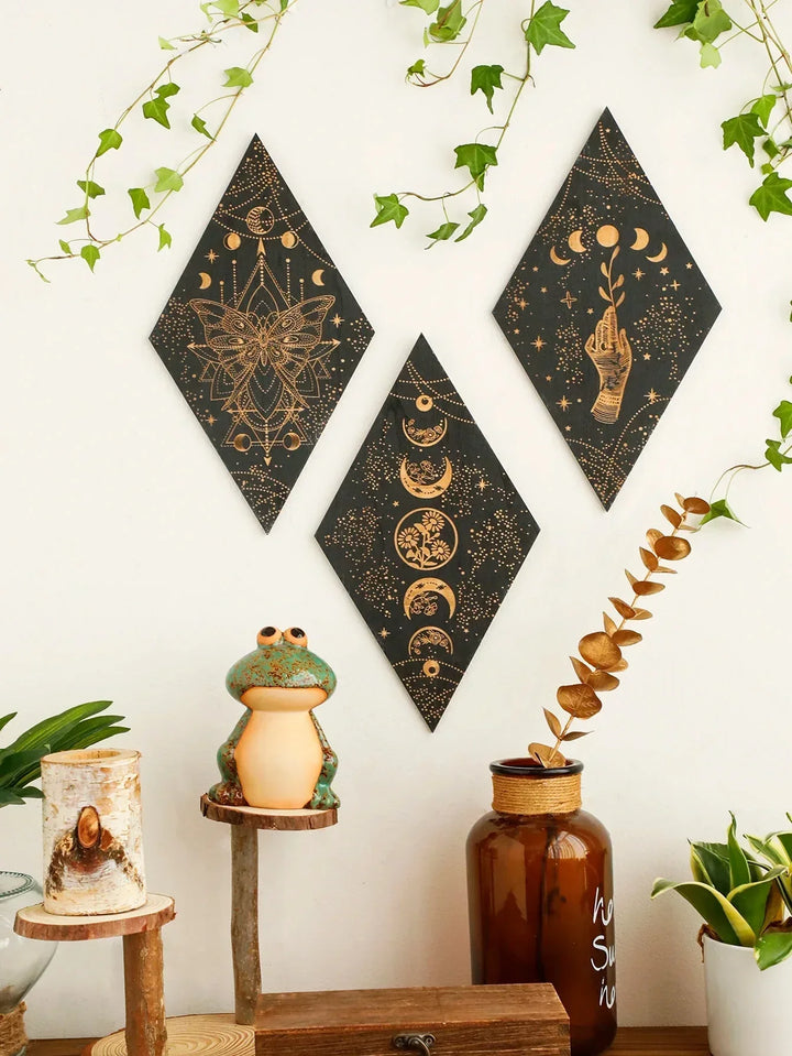Czarne Fazy Księżyca Drewniana Dekoracja Ścienna Rombowa Sztuka Ścienna Boho Dekoracja Domowa Tkanina Czarownicy Dekoracja Wnętrz Estetyczny Prezent