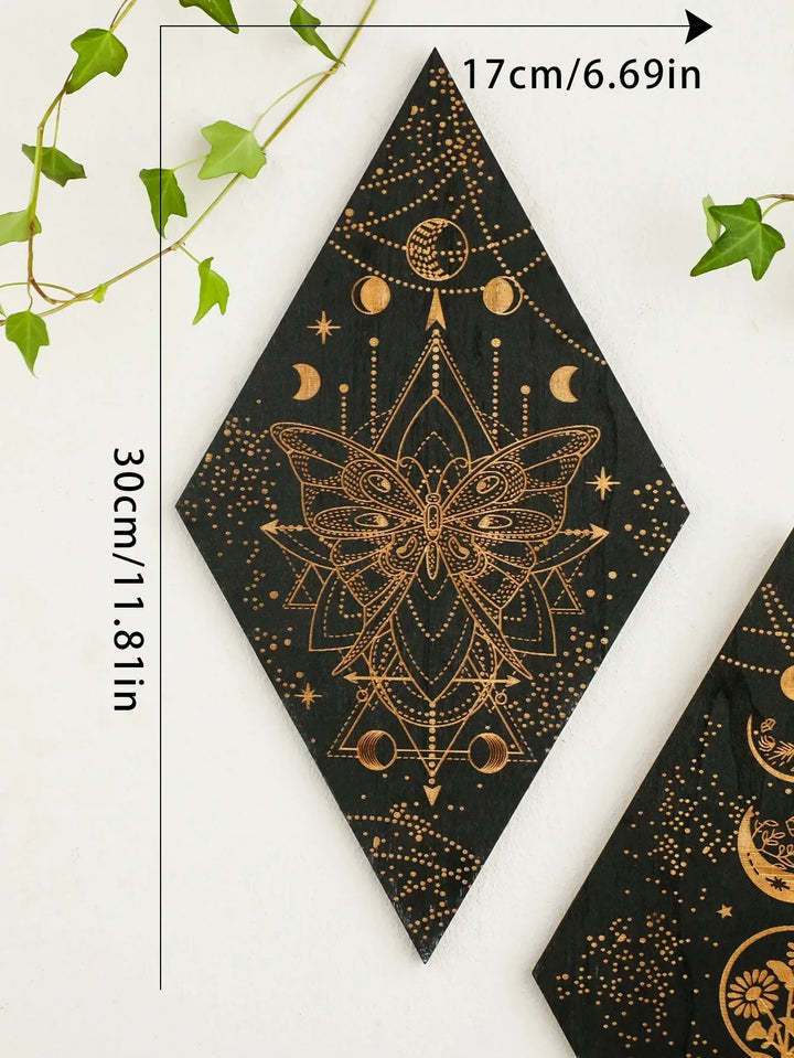 Czarne Fazy Księżyca Drewniana Dekoracja Ścienna Rombowa Sztuka Ścienna Boho Dekoracja Domowa Tkanina Czarownicy Dekoracja Wnętrz Estetyczny Prezent