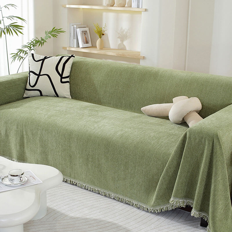Koc Chenille w Wzór Herringbone z Frędzlami na Sofę