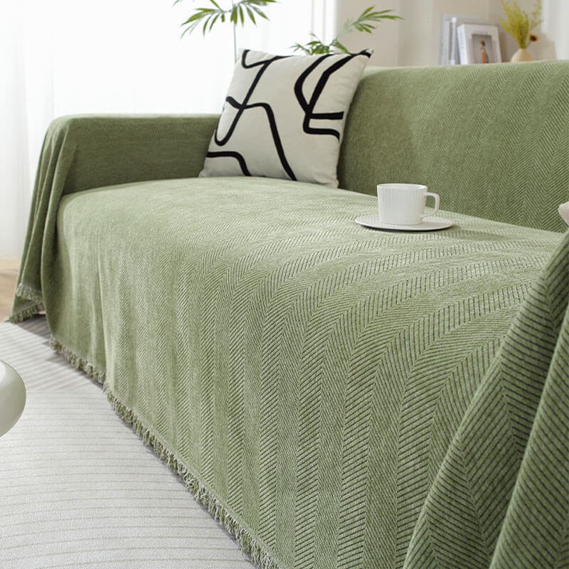 Koc Chenille w Wzór Herringbone z Frędzlami na Sofę