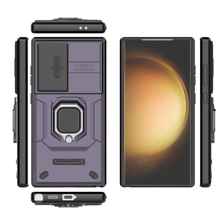 Etui na telefon Samsung Galaxy S24 Ultra 5G z przesuwanym pokrowcem Camshield TPU + PC, odporne na wstrząsy, z uchwytem (Fioletowy)