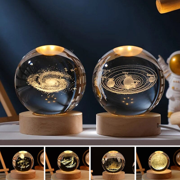 3D Kryształowa Kula Nocna Lampa z Drewnianą Podstawą