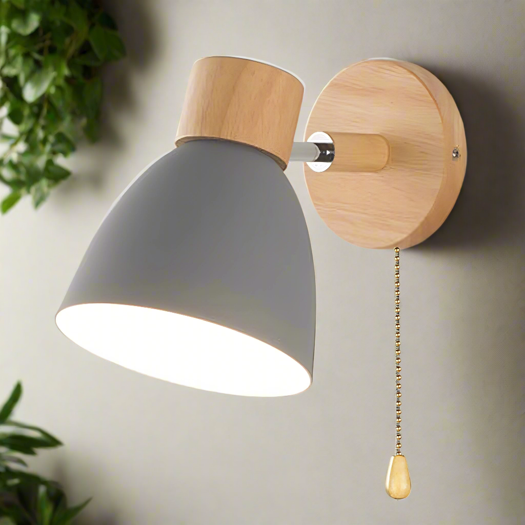 Nordycka nowoczesna wisząca lampa ścienna z włącznikiem wykonana z drewna