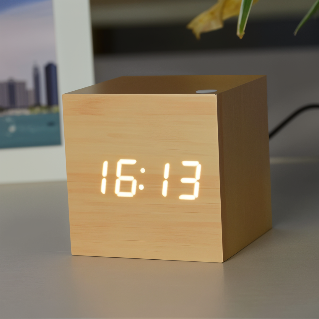 Cyfrowy zegar LED - Zegar sześcienny - Zegar drewniany
