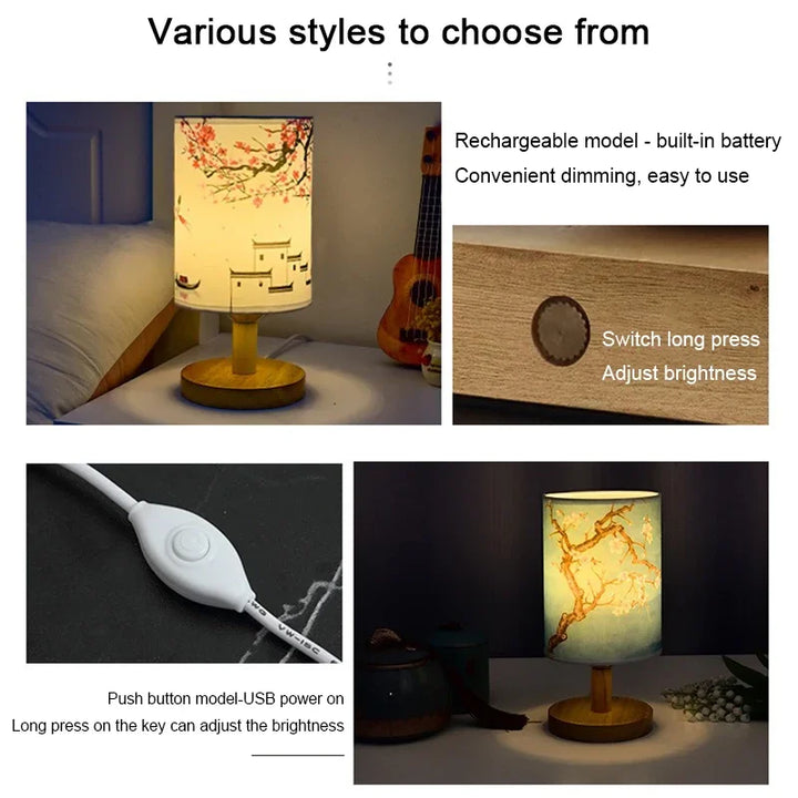 Ściemnialna lampka nocna LED z materiałowym kloszem w wzór kwitnącej śliwy – Idealna lampka nocna do sypialni