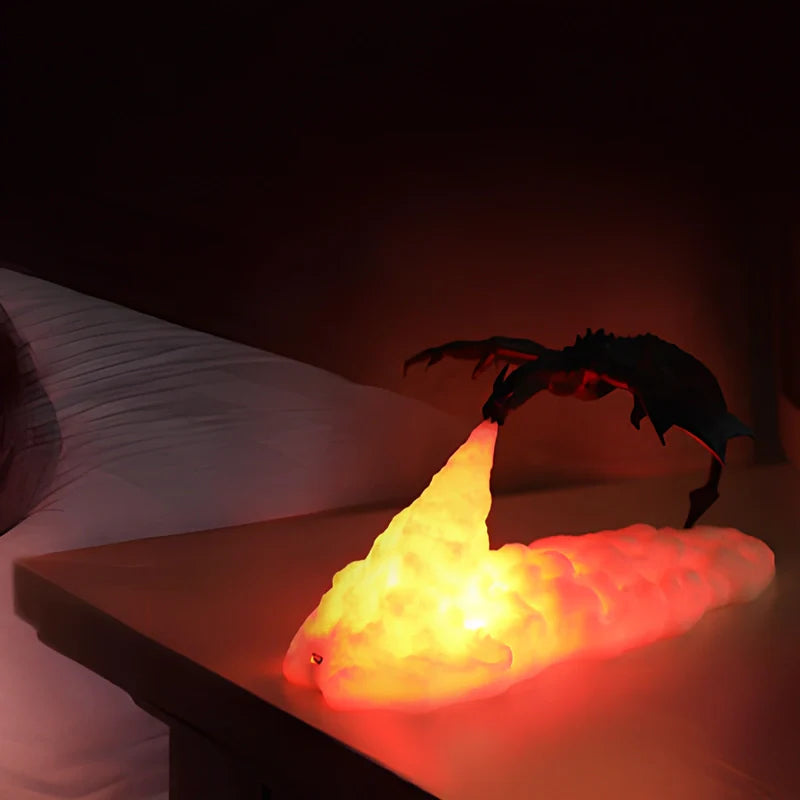 Lampka nocna LED z ogniem smoka – rzeźba 3D, ładowanie USB, idealna dla graczy