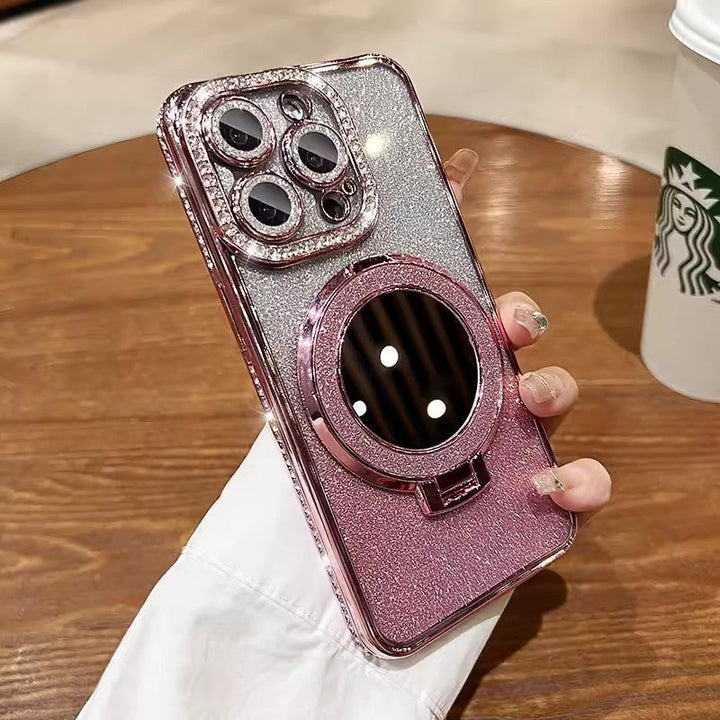 Etui na telefon z lustrem i magnetycznym stojakiem z brokatem