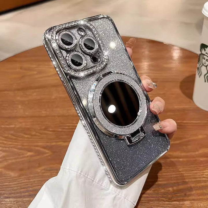 Etui na telefon z lustrem i magnetycznym stojakiem z brokatem