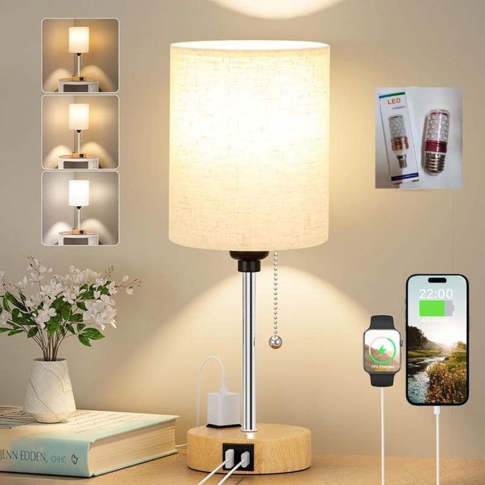 Nowoczesna Lampa Stołowa LED z Portami USB, Gniazdkiem i Materiałowym Kloszem