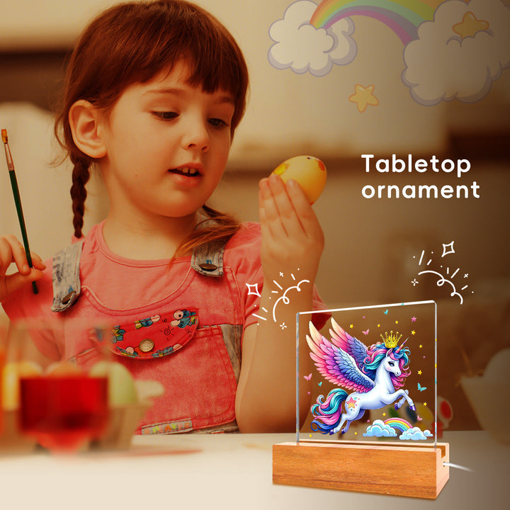 Lampa nocna z akrylowym panelem na solidnej drewnianej podstawie – kreatywny prezent dla dzieci, lampa stołowa USB