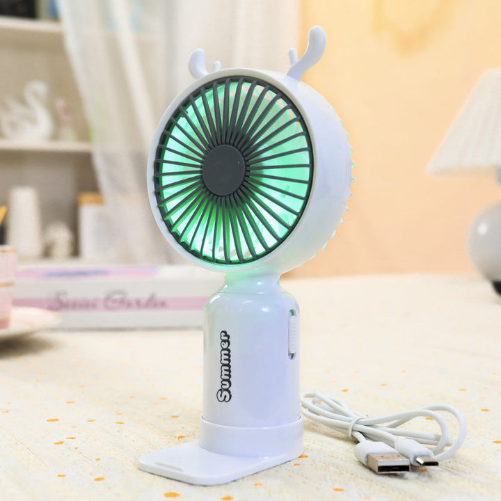 Kobiecy przenośny wentylator mini USB z podświetleniem LED, składanym stojakiem i uroczym designem