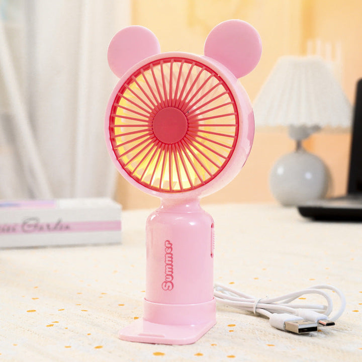 Kobiecy przenośny wentylator mini USB z podświetleniem LED, składanym stojakiem i uroczym designem