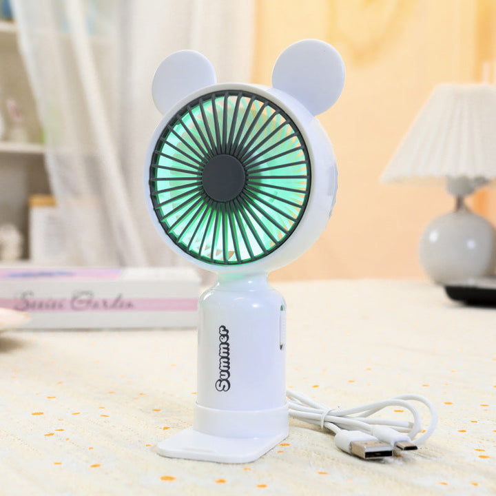 Kobiecy przenośny wentylator mini USB z podświetleniem LED, składanym stojakiem i uroczym designem