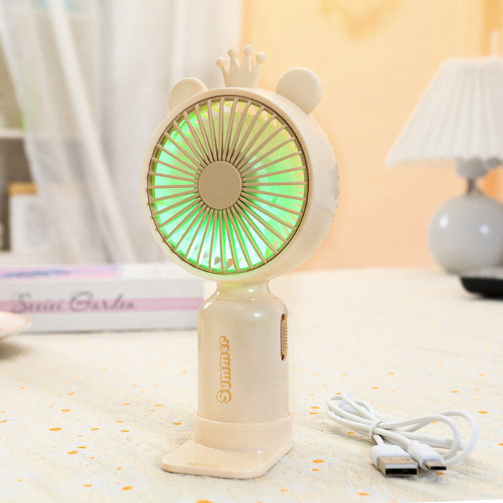 Kobiecy przenośny wentylator mini USB z podświetleniem LED, składanym stojakiem i uroczym designem