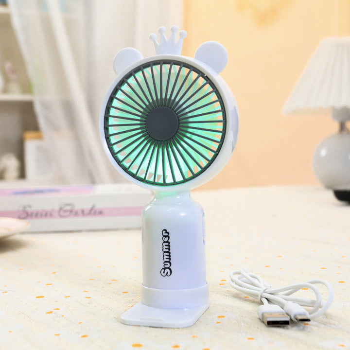 Kobiecy przenośny wentylator mini USB z podświetleniem LED, składanym stojakiem i uroczym designem