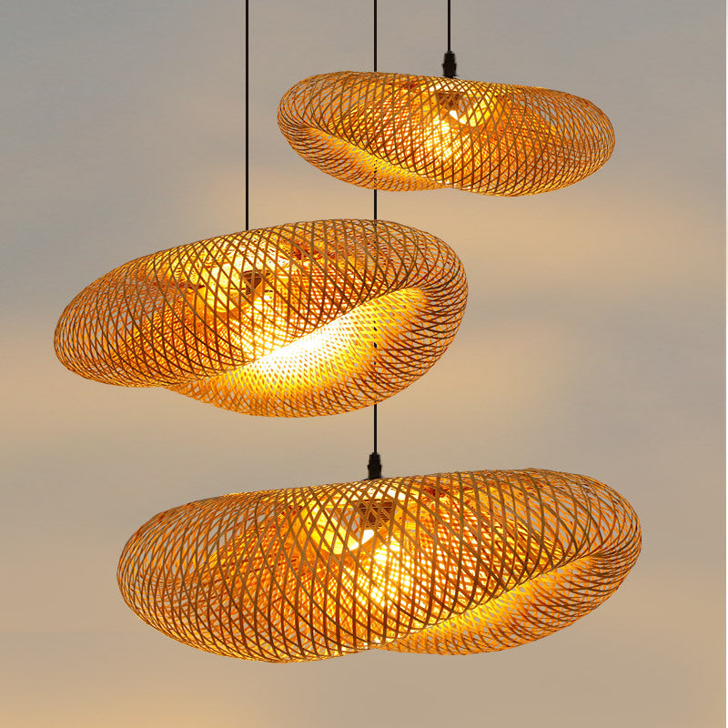 Lampa Wisząca z Wplecionego Rattanu i Bambusa - LED - Światło