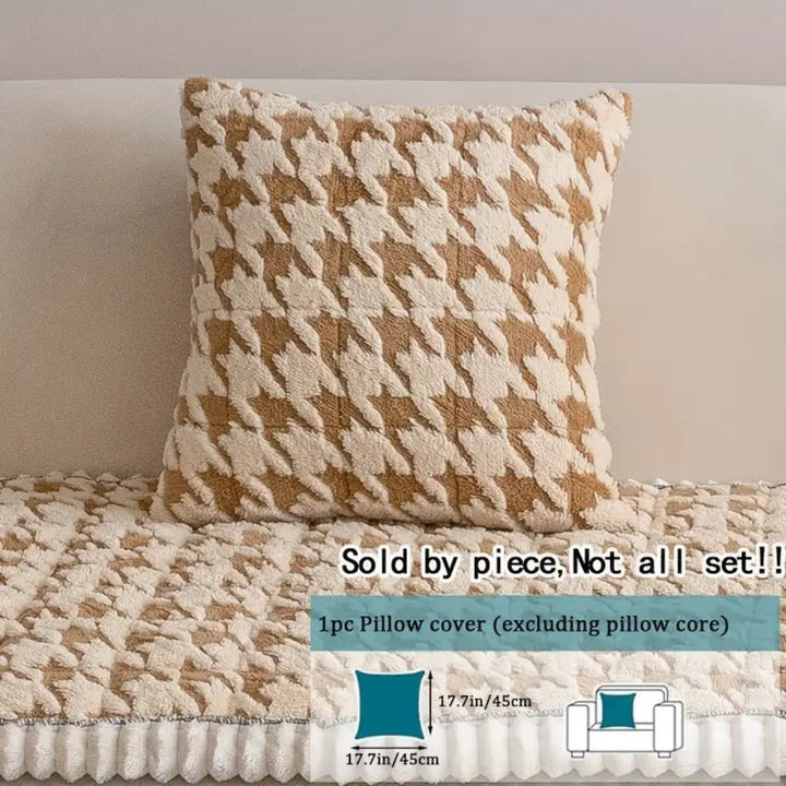 Kolorowy Pluszowy Pokrowiec na Sofę w Wzór Houndstooth i Pokrowiec na Poduszkę