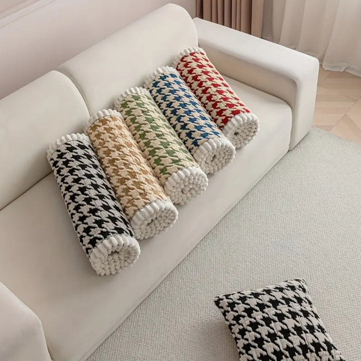 Kolorowy Pluszowy Pokrowiec na Sofę w Wzór Houndstooth i Pokrowiec na Poduszkę