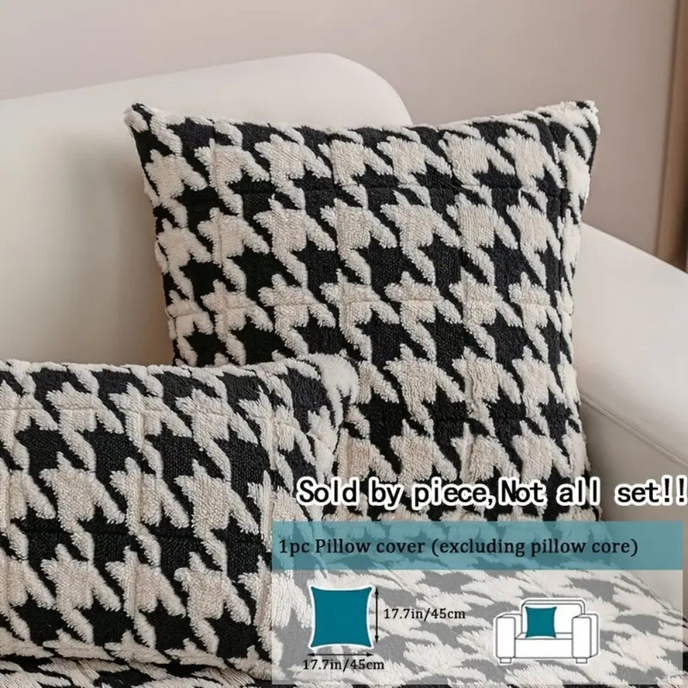 Kolorowy Pluszowy Pokrowiec na Sofę w Wzór Houndstooth i Pokrowiec na Poduszkę