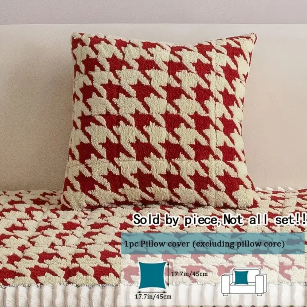 Kolorowy Pluszowy Pokrowiec na Sofę w Wzór Houndstooth i Pokrowiec na Poduszkę